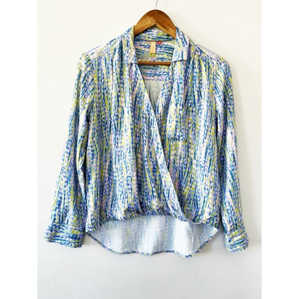 Anthropologie Pilcro Blue Multi-Print Faux Wrap Blouse Size XS EUC
